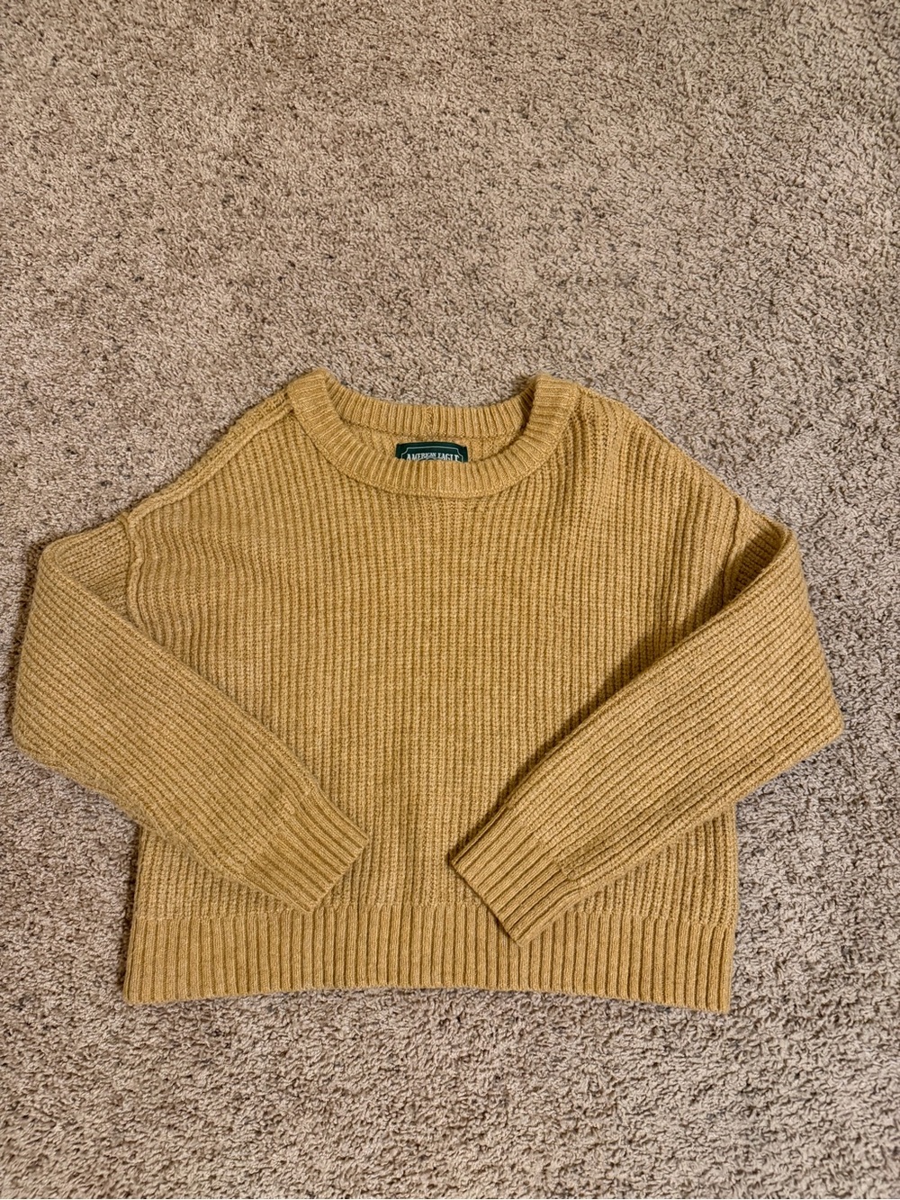 American Eagle Cozy Mustard Knit Cropped Crewneck Sweater